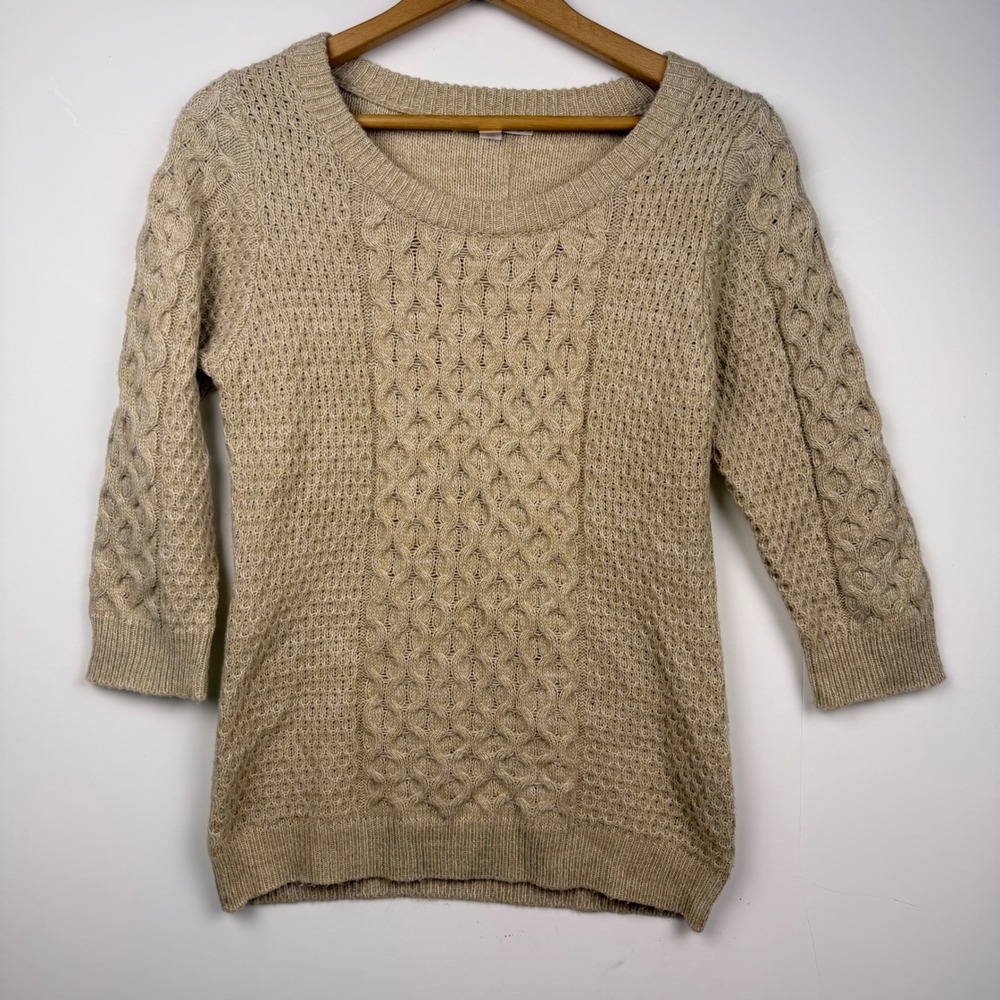 Prince of Thieves Womens Cable Knit Sweater Tan Beige Scoop Neck 3/4 Sleeve L